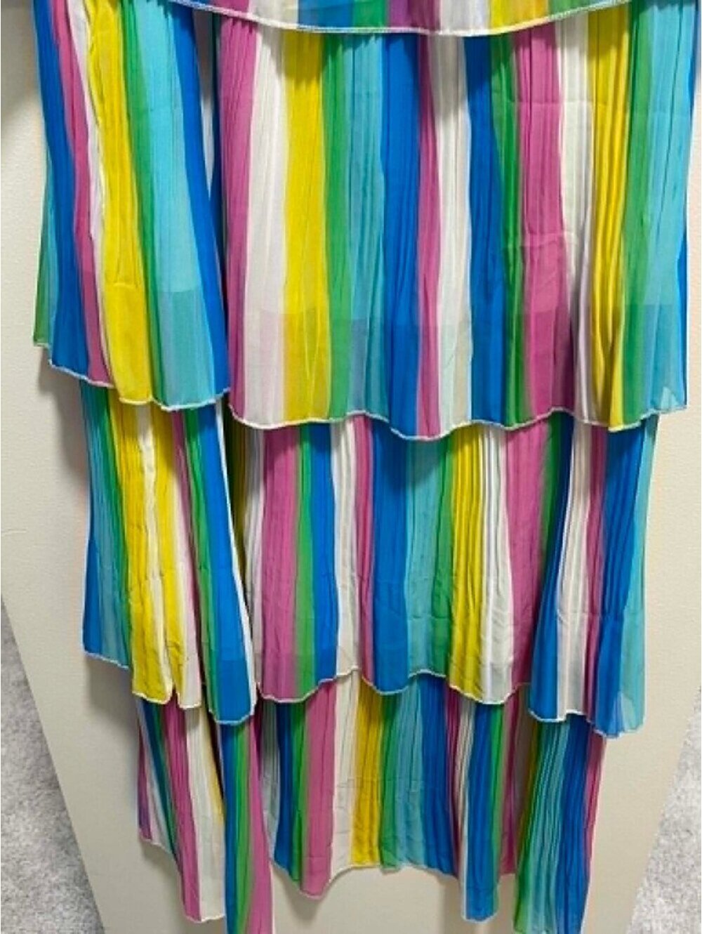 LIKE NEW Sz L Rainbow Stripe Off-Shoulder Tiered Ruffle Pleated Chiffon - Picture 4 of 7
